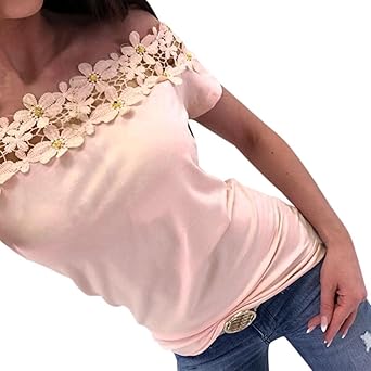 Blusen Damen Kolylong® Frauen Elegant Trägerloses Spitze Kurzarm Blusen Schulterfrei Oberteile Spitzenbluse Off Shoulder Shir