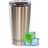 BuzzCup 20 oz Stainless Steel Tumbler with Magnetic Slide Lid – Double Wall Insulated Coffee Travel Mug, Leak Proof Iced Coffee Cup, Hot & Cold Tumbler (Stainless)