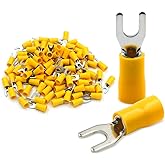 Baomain 100-Pack Insulated Fork Spade Wire Connector, 12-10 AWG (4-6 mmq) USA Screw #8, Electrical Crimp Terminal SV5.5-4
