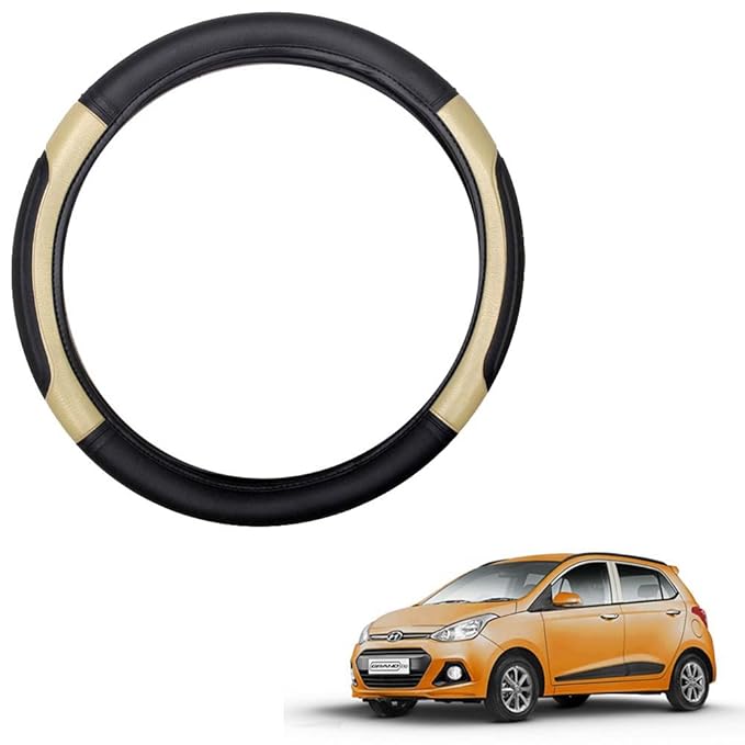 Vheelocityin Black and Beige Car Steering Cover for Hyundai Grand i10