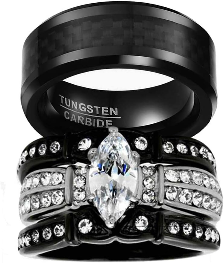 Gy Jewelry His and Hers Wedding Ring Sets Couples Matching Rings Black Women's Black Cubic Zirconia Wedding Engagement Ring Bridal Sets & Men's Tungsten Carbide Wedding Band