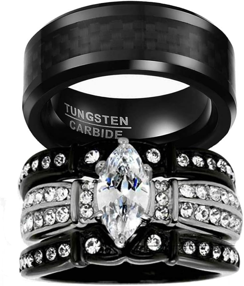 Amazon Com Gy Jewelry His And Hers Wedding Ring Sets Couples Matching Rings Black Women S Black Cubic Zirconia Wedding Engagement Ring Bridal Sets Men S Tungsten Carbide Wedding Band Jewelry
