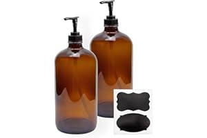 Cornucopia Brands 32-Ounce Amber Glass Lotion Pump Bottles (2-Pack); Quart Size Brown Bottles w/Black Plastic Locking Pump Dispensers; Includes Chalk Labels