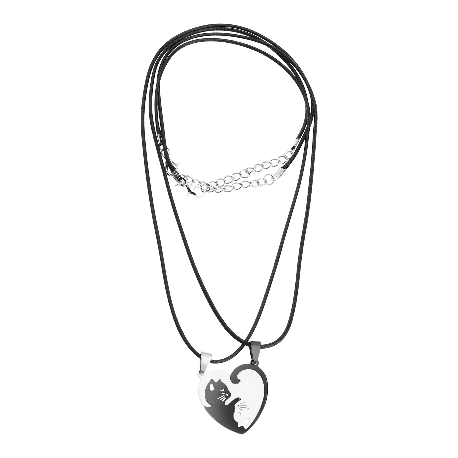 EMSea 2Pcs Heart-Shaped Puzzle Necklace Stainless Steel Black Silver Yin Yang Cat Pendant for His and Hers Valentine's Day Gifts