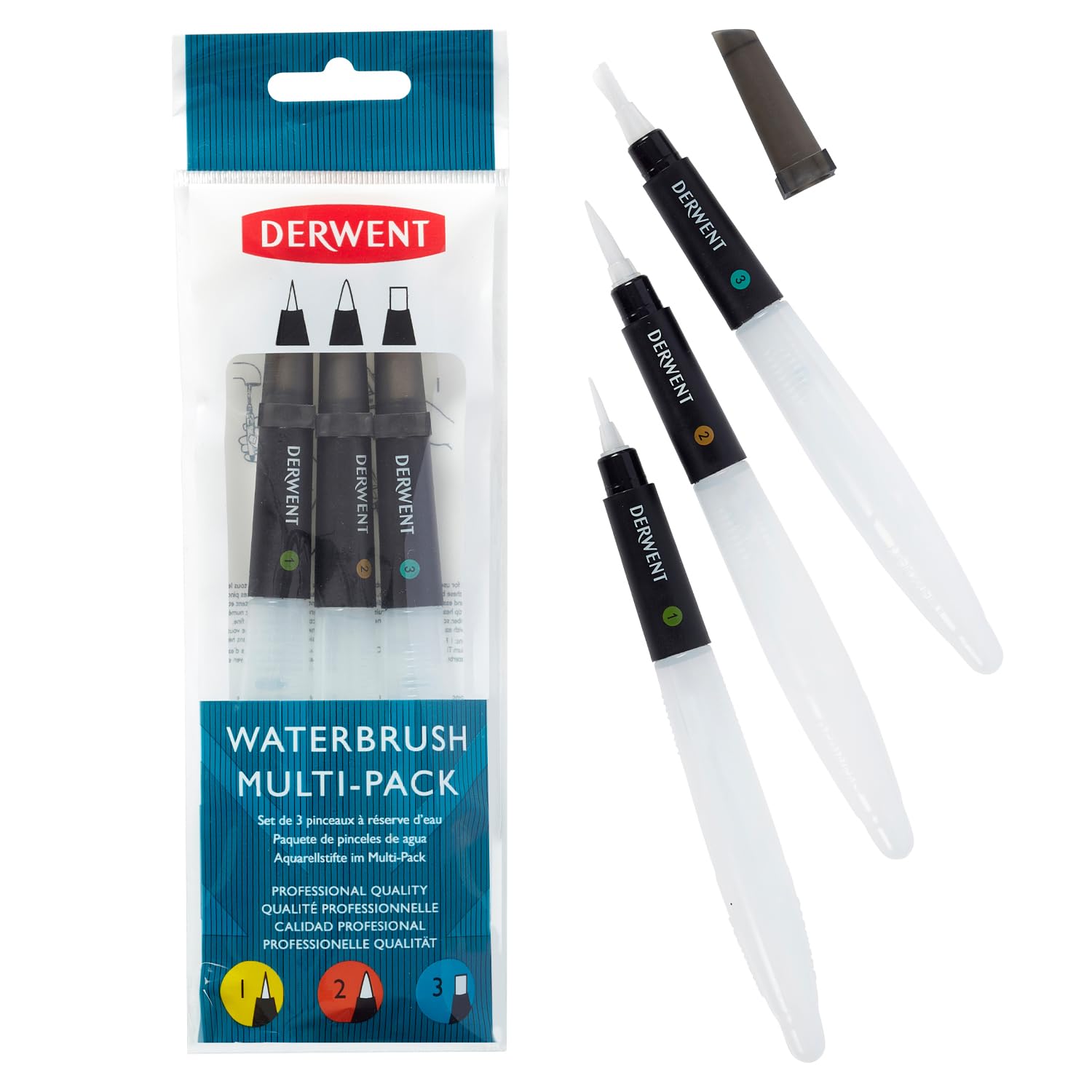 Derwent Waterbrush For Watercolour Painting, Pack Of 3, Includes Chisel Tip, Fine Tip & Medium Tip, Professional Quality, 2301975