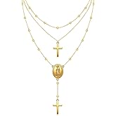 Jewlikee Virgin Mary Necklace Sterling Silver Cross Necklace for Women 14K Gold Plated Virgen de Guadalupe Pendant Layered Our Lady Blessed Catholic Mariner Chain Jewelry