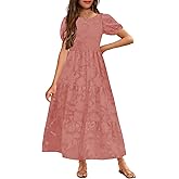 MITILLY Summer Flower Girl Dress Elegant Short Sleeve Crew Neck A-Line Flowy Maxi Dress for Kids with Pockets 6-12 Years