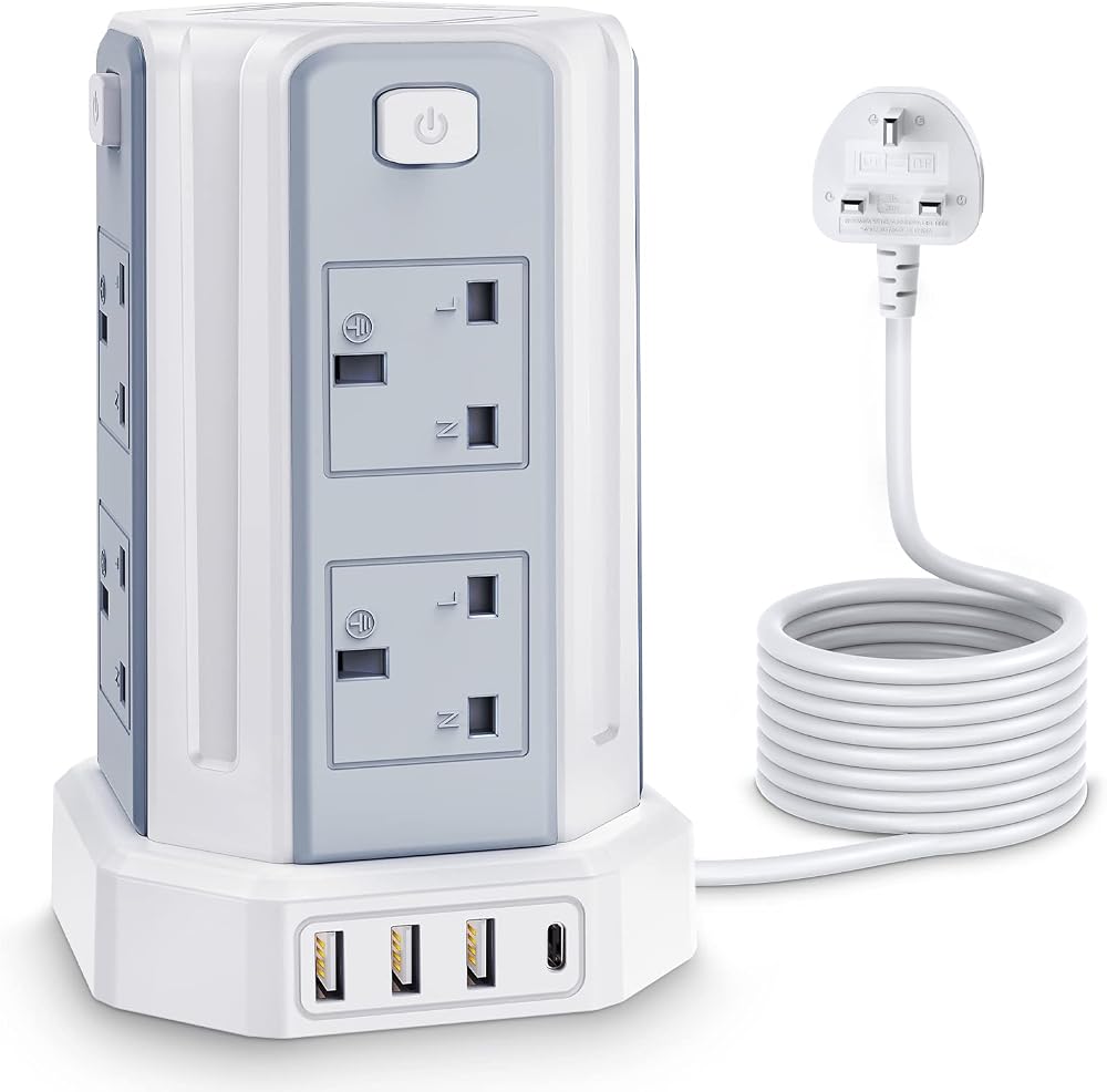 Kemelo 12-in-1 Tower Extension Lead with USB 4 Ports 3M Surge Protected