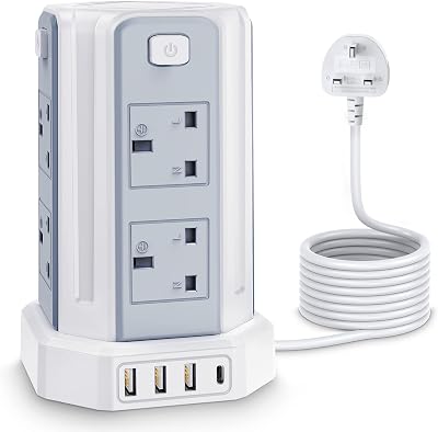 Kemelo 12-in-1 Tower Extension Lead with USB 4 Ports 3M Surge Protected