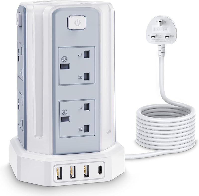 Kemelo 12-in-1 Tower Extension Lead with USB 4 Ports 3M Surge Protected