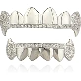OOCC 18K Gold Plated Hip Hop Teeth Grillz Caps Iced Out CZ Top and Bottom Vampire Fangs Grillz with Diamonds for Your Teeth