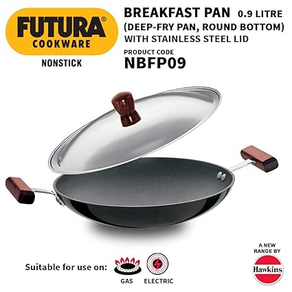 Hawkins Futura Non-Stick Appachatty Round Bottom Breakfast Pan with Steel Lid, 22cm