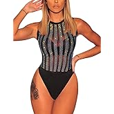 SEBOWEL Women Long Sleeves Mesh See Through Jumpsuit Bodysuit Top Leotard