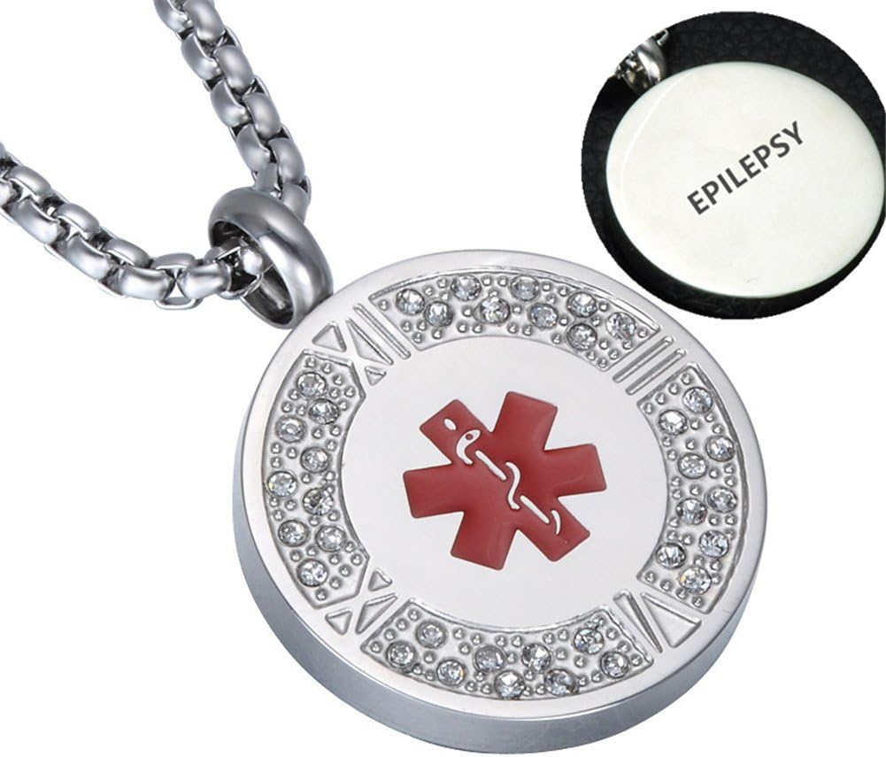 CF 316L Stainless Steel Personalized Name ICE Customised CZ Crystal Medical ID Pendant Roman Numeral Health Alert Assistance Necklace for Men Women,Free Engraving Customized