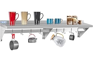HALLY SINKS & TABLES H HALLY Stainless Steel Shelf with 8 Hooks 14" x 60" Wall Mounted Pot Rack 400lb, NSF Commercial Floating Shelving for Storage Hanging Pots, Pans, cookware in Restaurant, Kitchen, Home and Hotel
