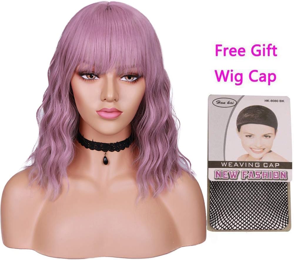 HANNE Natural Wave Wig with Bangs Shoulder Length Synthetic Hair Wigs for Women (D Pink)