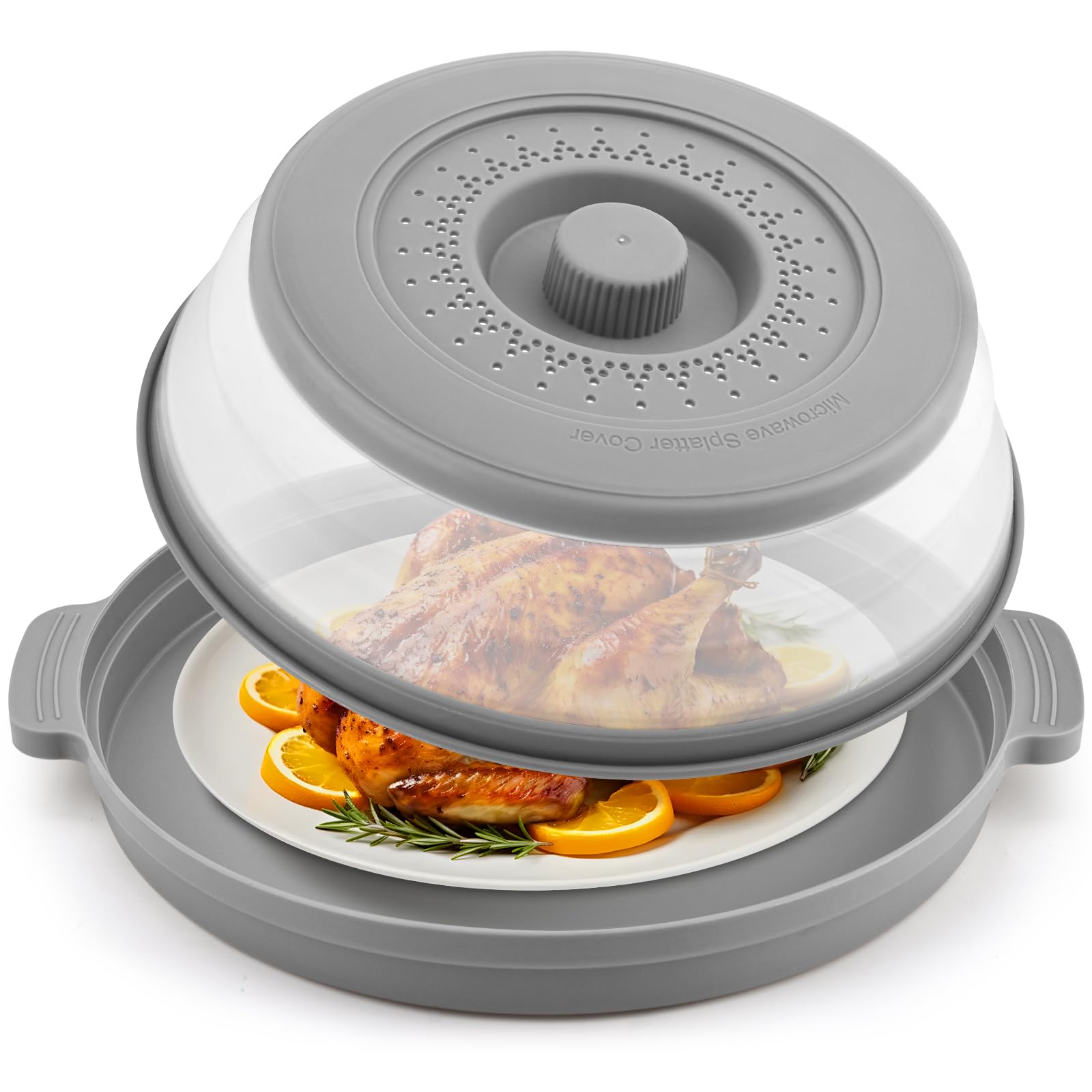 Photo 1 of Microwave Splatter Cover for Food with Anti-scald Base Plate,Large Plastic & Silicone Vented Avoid Scalding Collapsible Guard Lid, Plate Holder & Kitchen Colander for Meal Prep-10.7 Inch (gray)