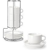 MALACASA 8 OZ Porcelain Espresso Cups with Saucers and Metal Stand Set of 4, Stackable Cappuccino Cups, White Expresso Shots Cup Set for Coffee Drinks, Latte, Tea
