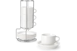 MALACASA 8 OZ Porcelain Espresso Cups with Saucers and Metal Stand Set of 4, Stackable Cappuccino Cups, White Expresso Shots 