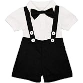 IDOPIP Baby Boys Formal Suit Set Short Sleeve Romper Suspenders Shorts Pants Bowtie Wedding Tuxedo Outfits Cake Smash Clothes