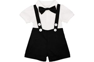 IDOPIP Baby Boys Formal Suit Set Short Sleeve Romper Suspenders Shorts Pants Bowtie Wedding Tuxedo Outfits Cake Smash Clothes