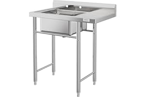 36" Stainless Steel Utility Sink with Drainboard, Heavy-Duty Commercial Kitchen Sink Bowl Slop Sink for Laundry, Backyard, Ga