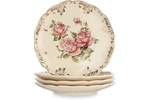YOLIFE Ivory Vintage Rose Tea Saucers Set of 4, 5.8 inch with Gold Leaves Trim – Beautiful Floral Porcelain Tea Plates for Cu