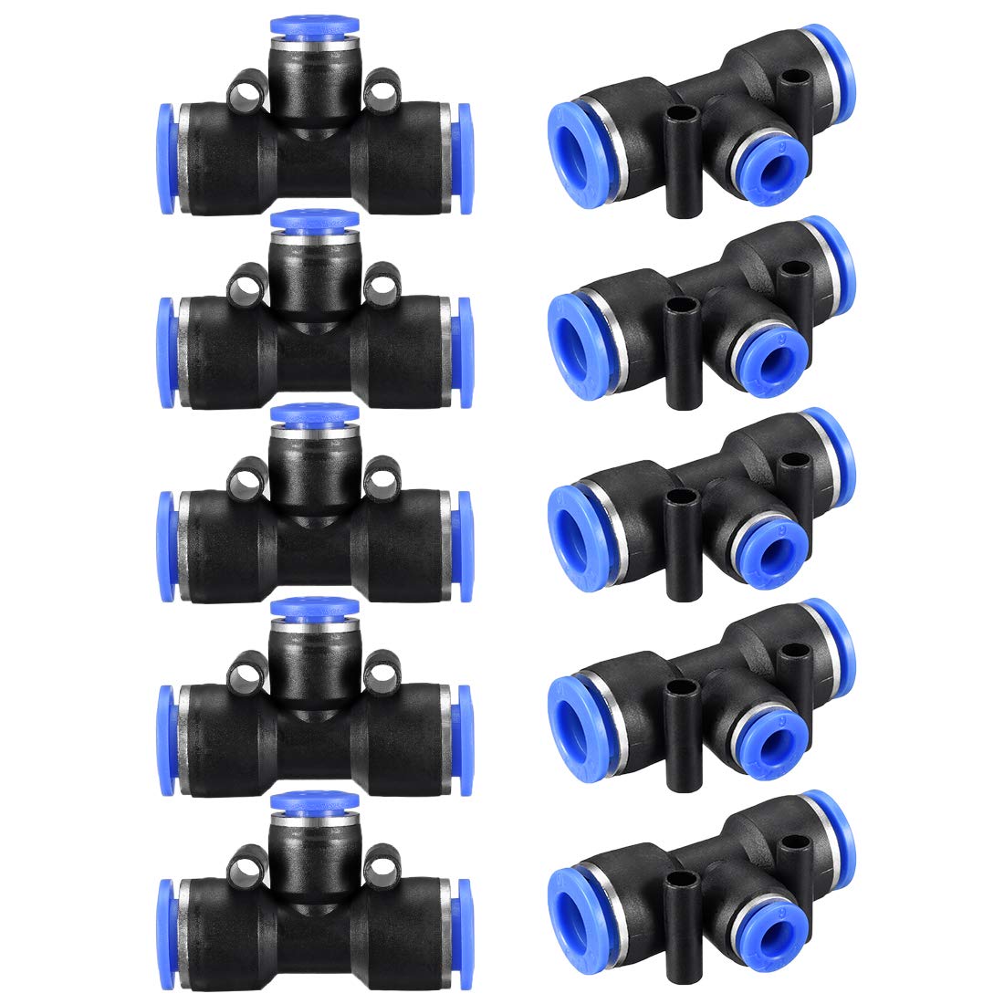 sourcing map Plastic Tee Push to Connect Tube Fittings 25/64" -15/64" od Push Lock Blue(10-6mm) 10pcs