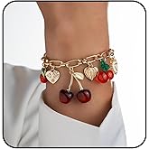 Mayvary Cherry Heart Bracelet for Women, Gold Chain Link Fruit Bracelet with Heart Bow and Pearl Charms, Cute Colorful Dangle Jewelry Gift for Birthday Holiday Party
