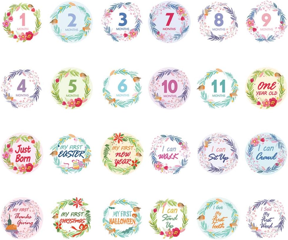 TANOFAR Baby Monthly Sticker Floral Baby Milestone Stickers Baby Belly Stickers Milestone Monthly Age Sticker for Unisex Baby（24 Pcs）