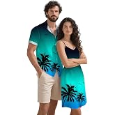DRESSFO Couple Matching Hawaiian Outfits Gothic Print V Neck Spaghetti Strap Dress or Roll Up Sleeve Shirts Outfit