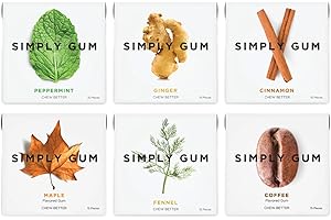 Simply Gum | Variety Pack - Peppermint, Cinnamon, Ginger, Fennel, Maple, Coffee | Plant- Based Chewing Gum | Synthetic Plastic Free + Aspartame Free + non GMO