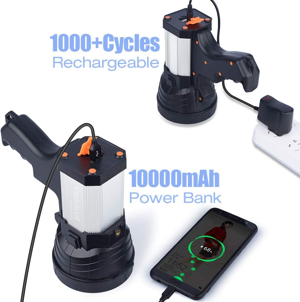 YIERBLUE Rechargeable spotlight, Super Bright 6000 Lumen LED Flashlight Handheld spotlight 10000mAh Long Lasting Large Flashlight Searchlight and Flood Camping Flashlight with Foldable Tripod (Silver) - - 