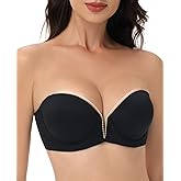 Amafuur Womens Push Up Strapless Bras for Women Padded Add 2 Cup Plunge Bra Non-Slip Multiway Deep V Low Cut Brasier Black