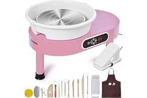 YESMRO Pottery Wheel Forming Machine with Detachable Basin, Foot Pedal and LCD Touch Screen Control, 11" 350W Electric Ceramic Wheel Clay Kit for Art Craft Work and Home DIY, 16 Piece (Pink)