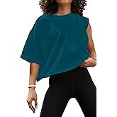 Women's Oversize Workout Crop Tops Casual Short Sleeve Drop Shoulder Boxy T-Shirts Roll Hem Basic Loose Yoga Running Tees