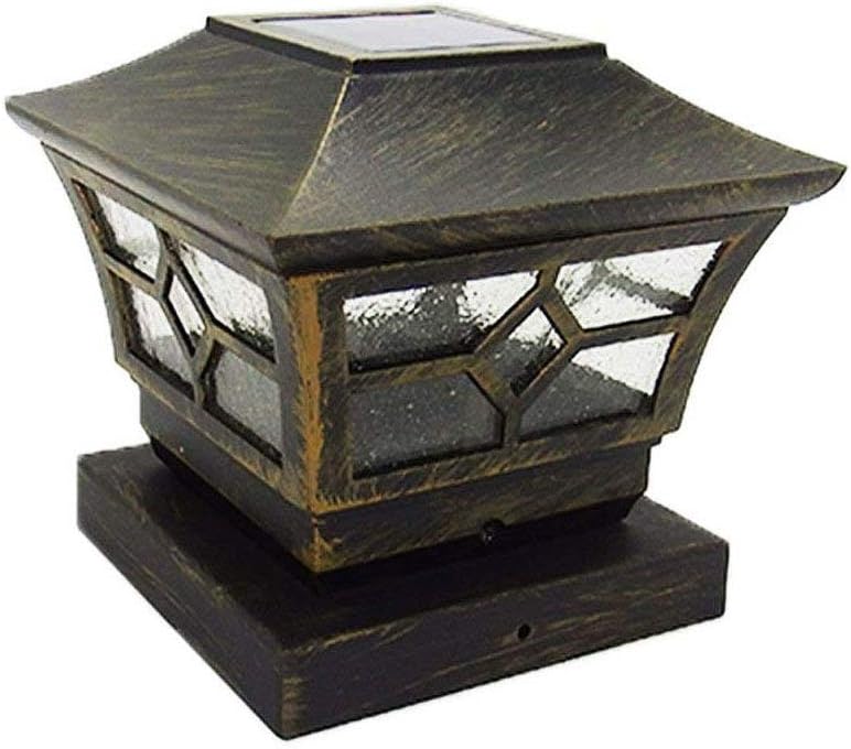 CHEEKON 5" x 5" Solar Post Cap Lights, Metal and Glasses, Bronze, Wood