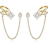 Cicy Bell Womens 18k Gold Plated Ear Cuff Stud Earrings Dainty Tassel Drop Dangle Clip On Gold Chain Climber Crawler Faux Diamond Round Cubic Zirconia Earrings Jewelry Gifts Birthday Party