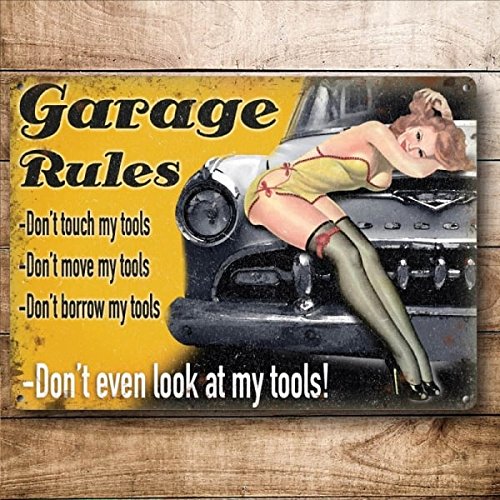 Original Metal Sign Co Wall Sign Garage Rules Vintage Style Pin-up 8" x 6"