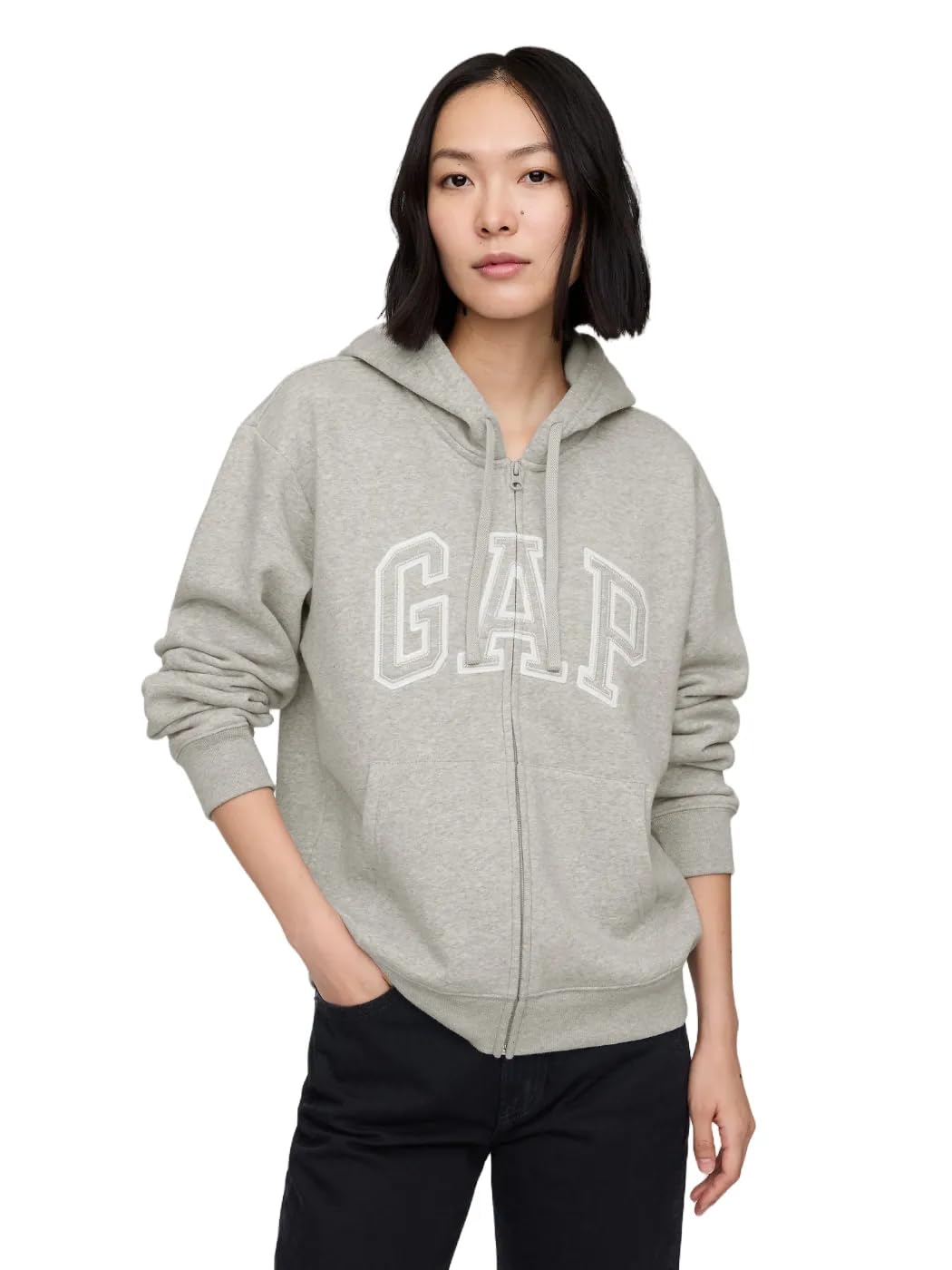 GAP Women's Logo Hoodie Hooded Full Zip Sweatshirt Gray White Marl M Image