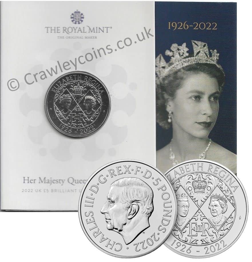 CrawleyCoins 2022 Queen Elizabeth II Memorial £5 Brilliant Uncirculated Coin Charles III Portrait Mint Sealed Pack