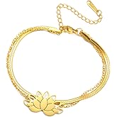 kkjoy Lotus Double Layered Bracelet Stainless Steel Lotus Flower Yoga Symbol Bracelet Crisscross Chain and Flat Snake Bone Chain Bracelet Inspirational Jewelry for Women Charming Ladies