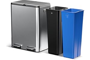 Home Zone Living 16 Gallon Kitchen Trash Can with Dual Compartments for Recycling, Stainless Steel, Silver, 60 Liters Total