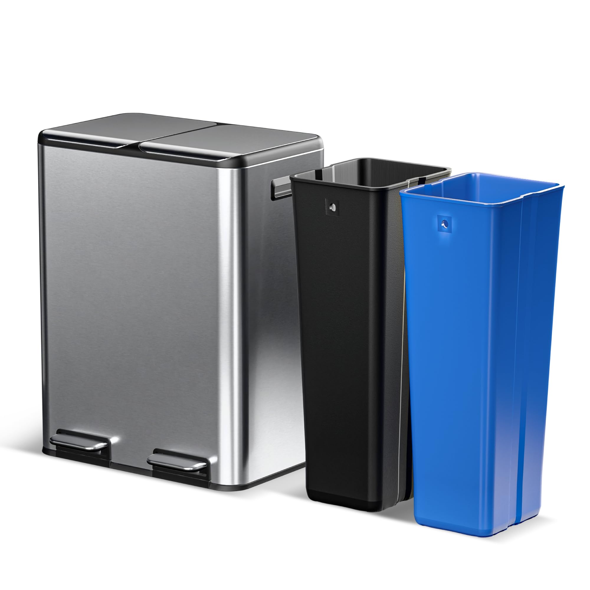 Photo 1 of ***DAMAGED - SEE NOTES/PICTURES*** Home Zone Living 16 Gallon Kitchen Trash Can with Dual Compartments for Recycling, Stainless Steel, Silver, 60 Liters Total