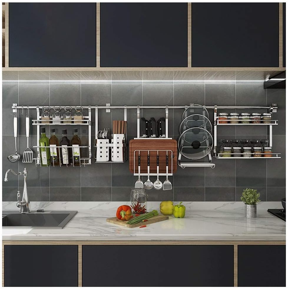 MYPNB Kitchen shelf Kitchen Shelves Wall Mounted Wall Spice Rack Organiser Stainless Steel with Adjustable Hooks for Herbs & Spices Jars, Bottle (Size : 190cm) (Size : 180cm)
