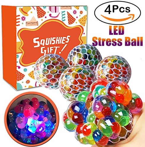 Mesh LED Stress Squishy Balls - Marmoon 4 Pack Rubber Multicolor Vent Toy Grape Ball Stress Relief Squeeze Toys Ideal for Relieve Tension, Anxiety, ADHD for Office Adults Boys Girl - 3 Inches