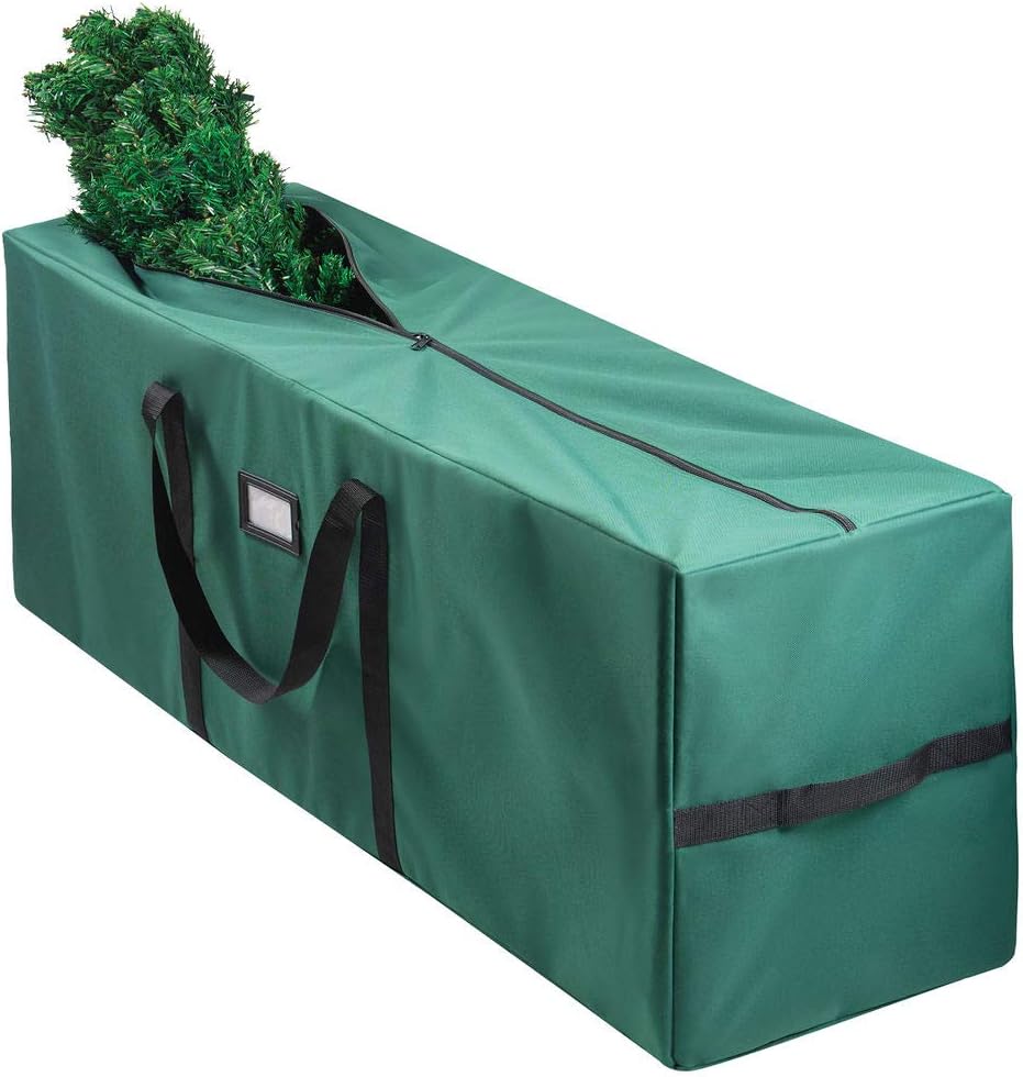 Holiday Décor Storage - 9 ft Christmas Tree Storage Bag - Waterproof, Heavy-Duty 600D Oxford Christmas Tree Bag - Reinforced Handles, Dual Zipper, Label & Side Pocket - Protection From Dust, Water - Green, 50x15x20″ - Sagler