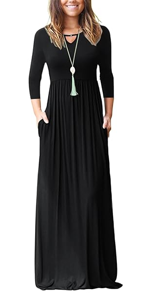 WNEEDU WOMEN’S 3/4 SLEEVE SOLID LOOSE CASUAL HOLIDAY MAXI DRESSES WITH POCKETS (S,BLACK)