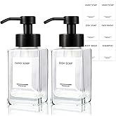PLOUTA HOME Foaming Soap Dispenser 2 Pack, 12oz/350ml Glass Foaming Hand Soap Dispenser Set with Stainless Steel Pump, Square Refillable Foam Pump Bottles for Bathroom&Kitchen,Includes 6 Labels