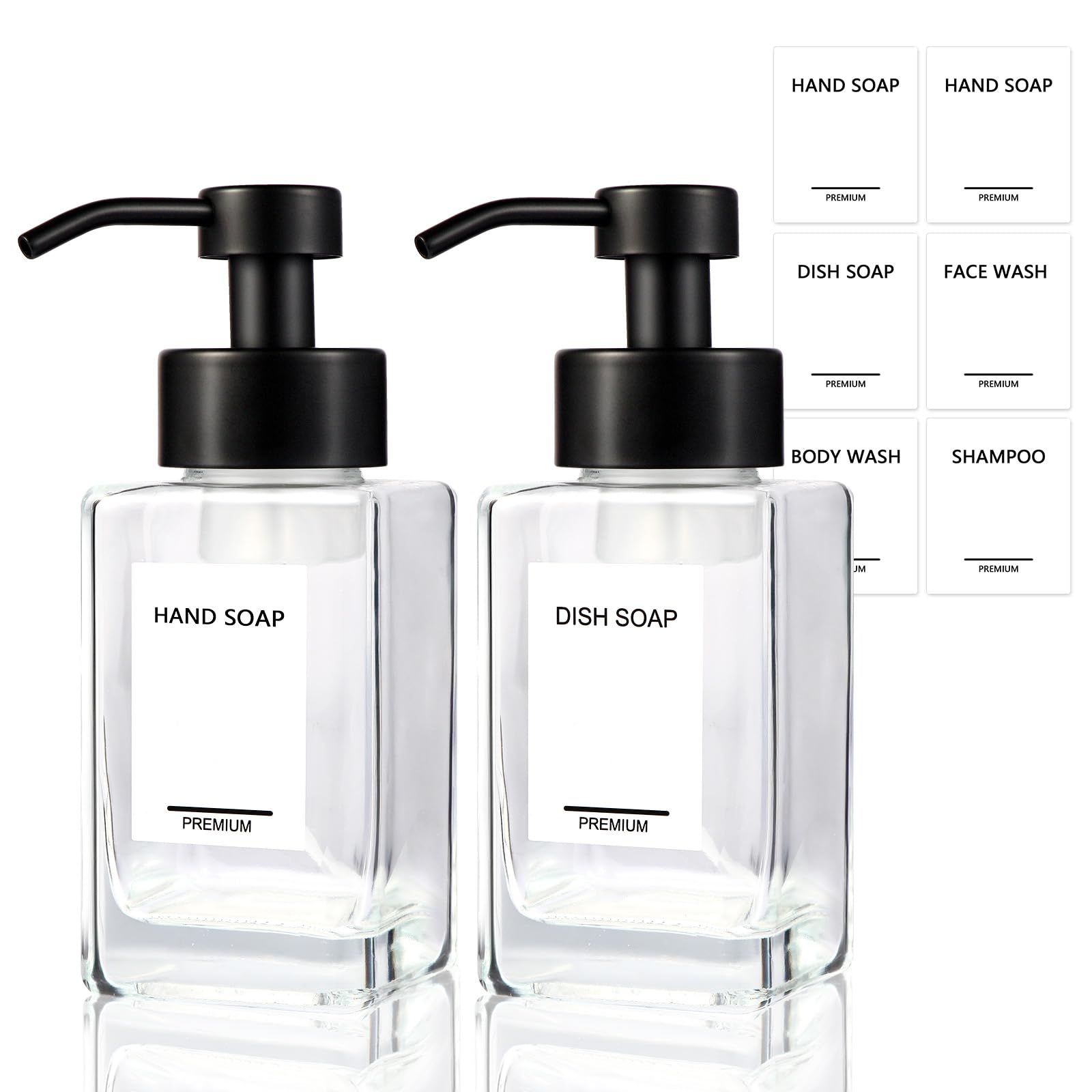 Photo 1 of PLOUTA HOME Foaming Soap Dispenser 2 Pack, 12oz/350ml Glass Foaming Hand Soap Dispenser Set with Stainless Steel Pump, Square Refillable Foam Pump Bottles for Bathroom&Kitchen,Includes 6 Labels